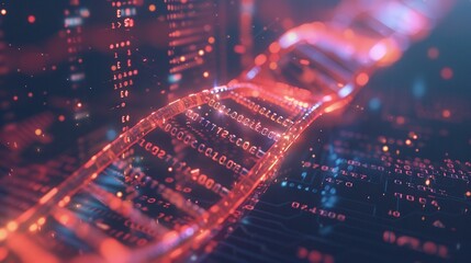 Poster - A vibrant 3D-rendered DNA strand displays overlaid digital data streams and binary code, symbolizing the fusion of biology and technology. Generative AI