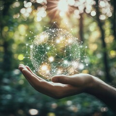 Man hands holding global network and data customer connection on nature background. Generative AI