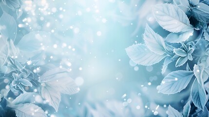 Frosted leaves background with soft blue tones for refreshing and tranquil designs, copy space