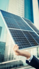 A person holds a solar panel high against a backdrop of modern skyscrapers, symbolizing renewable energy and sustainability.