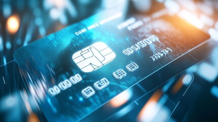 Close-up of a credit card with a digital interface showcasing modern payment technology and security features.