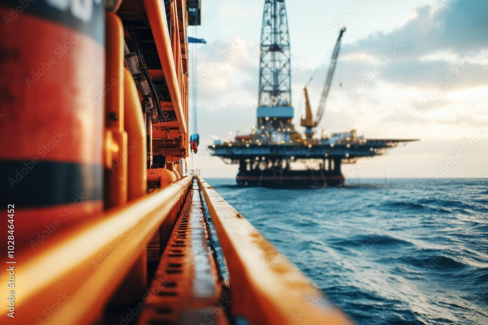 Offshore oil and gas platform with industrial equipment and ocean ...