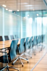 Bright modern conference room with glass walls, sleek black chairs, and large windows, symbolizing transparency, corporate collaboration, and open office design