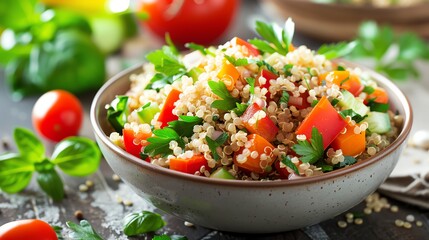 A bowl of quinoa salad with chopped tomatoes, peppers, and cucumbers.