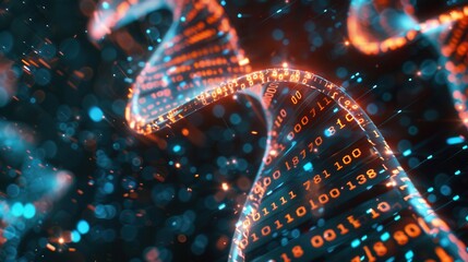 Fototapete - A vibrant 3D DNA strand is intertwined with streams of digital data, representing the fusion of biology and computer technology. Generative AI