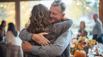 A couple exchanging a thankful hug at a Thanksgiving gathering.