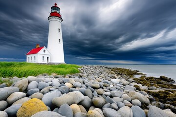 Lighthouse is on a rocky shoreline with a cloudy sky in the background. The lighthouse is white and red. Lighthouse on rocky shore with grass under a cloudy sky, serene ocean view