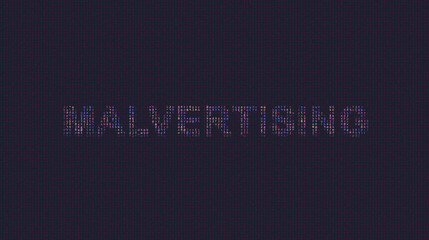 Cybersecurity concept malvertising on foreground screen, ASCII style in a code development editor. Vulnerability and attack on colored code editor. Text in English, English text