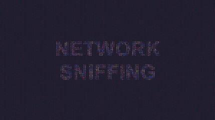 Cybersecurity concept network sniffing on foreground screen, ASCII style in a code development editor. Vulnerability and attack on colored code editor. Text in English, English text