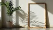 © IMG visuals AI - Minimalist frame mockup with potted plant in sunlight. Green foliage poster photoframe template advertising image. Calm simplicity pictureframe mock up product photorealistic