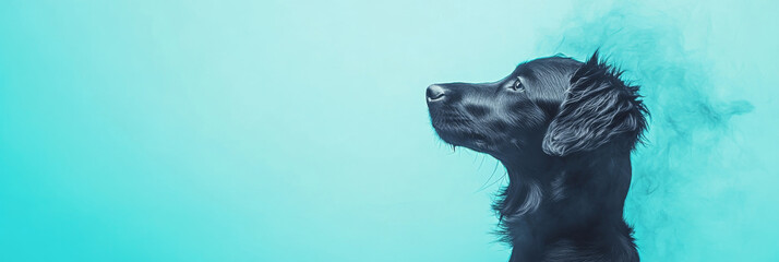 Poster - Black dog looking up with a curious expression, against a turquoise background.