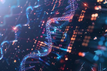 Leinwandbilder - A detailed 3D representation of a DNA strand showcases an overlay of digital binary code and vibrant data streams, blending science and technology. Generative AI