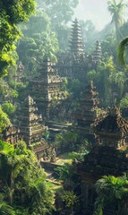 Wall Mural - Ancient temple ruins overgrown with lush jungle.