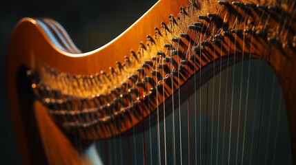 A harp bathed in blue neon light, waiting for an artist