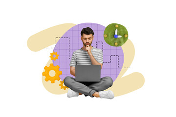 Collage poster 3d picture of minded man it specialist sitting thinking new project startup make money isolated on drawing beige background
