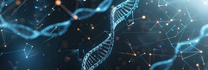 Leinwandbilder - Dynamic 3D representation of a DNA strand intertwined with digital data, showcasing the fusion of biology and technology. Generative AI