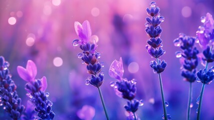 Wall Mural - Aromatic fresh lavender buds and essential oil drops