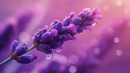 Wall Mural - Aromatic fresh lavender buds and essential oil drops