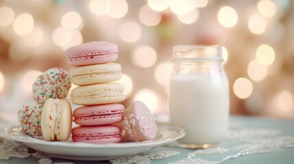 A plate of colorful macarons beside a jar of milk, set against a blurred, festive background.