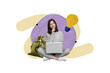 © deagreez - Poster image collage of minded clever smart lady sitting working online netbook device earning money isolated on drawing beige background