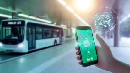 A person using a smartphone to access a digital transport service at a modern bus station with a bus in the background.