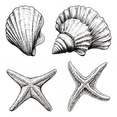 Sticker - Hand-drawn illustration of seashells and starfish.