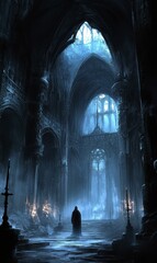 Poster - A cloaked figure stands in a dark, ancient cathedral.