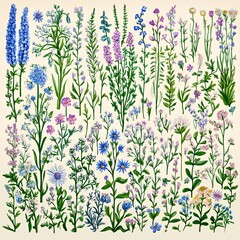 Sticker - A variety of wildflowers in shades of blue, pink, and yellow.