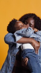 Wall Mural - Vertical Video Smiling african american mom carrying her sweet little boy in studio, embracing him and bonding in front of the camera. Cheerful mother and cute small baby posing together, loving mommy