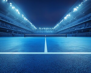a dramatic view of a blue tennis court under bright stadium lights, creating an energetic nighttime 