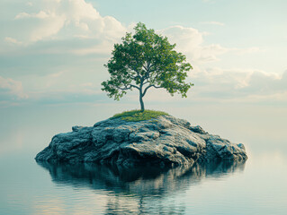 Poster - Tranquil Isolated Island Serenity in Nature with One Tree on Rocks