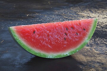 A vibrant slice of watermelon against a dark background, showcasing its juicy red flesh and green rind.