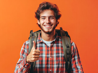 Canvas Print - A smiling man with a backpack is giving a thumbs up