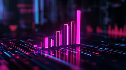 Digital bar graph with neon lights, hovering in a dark tech background, symbolizing financial success and future business growth