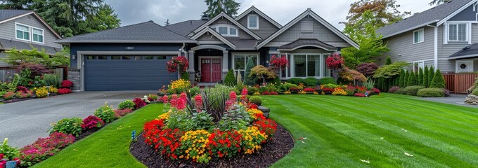 Vibrant front yard featuring colorful flower beds and lush green grass in springtime, captured from the sidewalk to showcase the landscape design, with an adjacent home and open garage in the backgrou