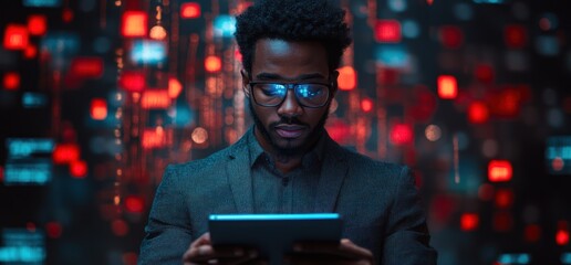 Focused Man Using Tablet in a Technological Setting
