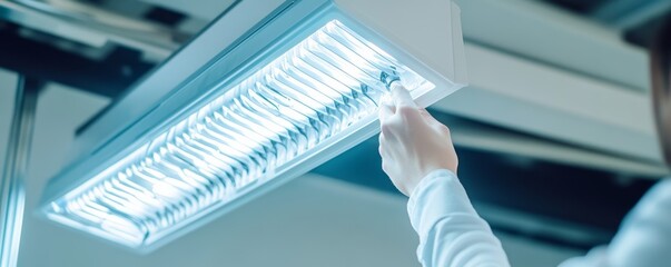 A hand adjusting a modern, bright ceiling light fixture in a contemporary indoor setting.