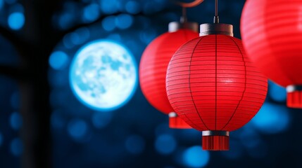 Wall Mural - Bright red lanterns hanging under a full moon, illuminating the streets during a Lunar New Year celebration, with festive banners and fireworks in the distance 