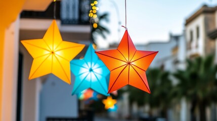 Sticker - Brightly colored star lanterns hanging from a balcony, illuminating a quiet street on the eve of the Reyes Magos celebration, with stars twinkling above 