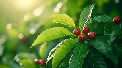 Canvas Print - Coffee tree surrounded by mist in a quiet plantation at sunrise, with vibrant green leaves and cherries glowing softly in the morning light 