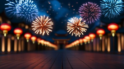 Sticker - Colorful fireworks bursting over a temple, with traditional Lunar New Year decorations and lanterns lighting up the scene 