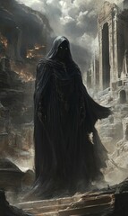 Wall Mural - Hooded figure stands in ruined city.