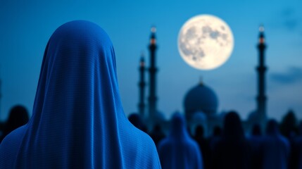 Canvas Print - Group of people in traditional clothing gathered in prayer at a mosque under a moonlit sky, observing the spiritual significance of Isra and Mi'raj 