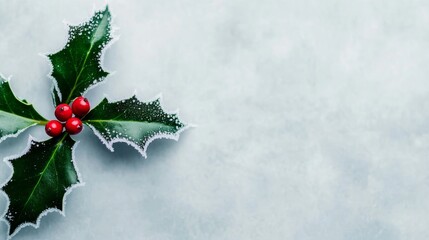 Poster - Intricate frost design highlights a single holly leaf against a blurred wintery background with empty space for text 