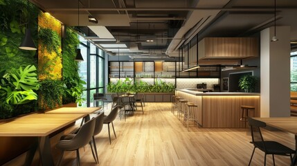 Poster - Modern Cafe Interior with Green Wall and Wooden Counter