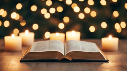 Canvas Print - Open book with sacred texts from various religions, pages gently turning, surrounded by candles and soft golden light, representing global faiths 