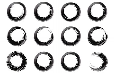 Poster - Twelve abstract swirling black circles on a white background.