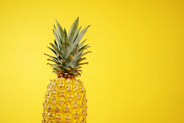 Fresh tropical pineapple fruit on vibrant yellow background with copy space.