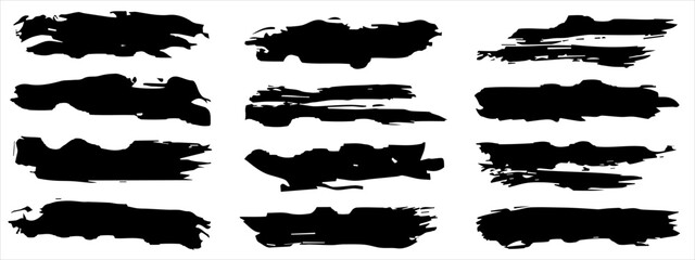 Wall Mural - Vector collection of artistic grungy black paint hand made creative brush stroke set isolated on banner background. A group of abstract grunge sketches for design education or graphic art decoration