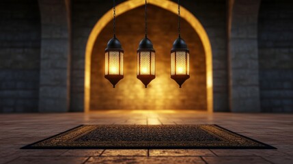 Poster - Soft glowing lanterns hanging from a mosque arch, casting light on a prayer mat, symbolizing the reflection and prayer associated with Isra and Mi'raj 